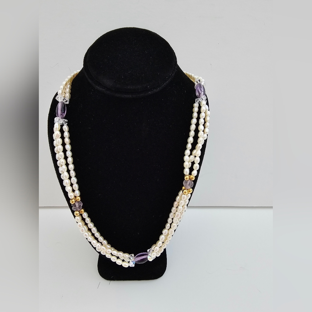 Hand Crafted Pearl and Amethyst Triple-Strand Necklace